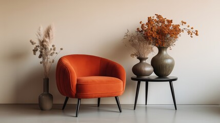 Comfortable orange aesthetic armchair in living room interior