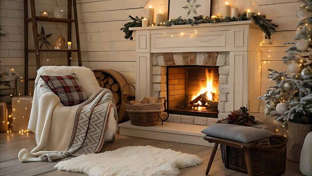 Cozy christmas living room with burning fireplace and festive decor.