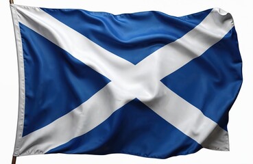 Scottish national flag with blue background, white diagonal cross waves. St Andrews cross banner Scotland. Nation emblem represents country, patriotism, heritage, culture. Fabric cloth flies freely