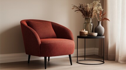 Comfortable orange aesthetic armchair in living room interior