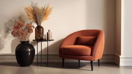 Comfortable orange aesthetic armchair in living room interior