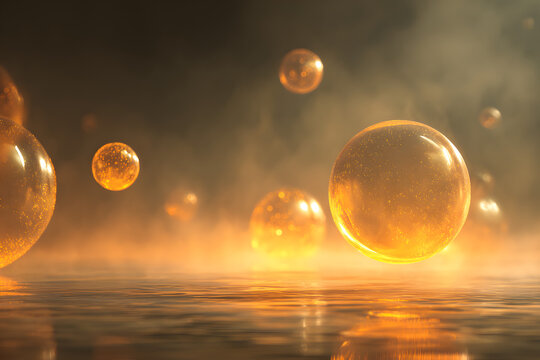 floating honey spheres glowing in warm mist creating a dreamy surreal atmospheric scene