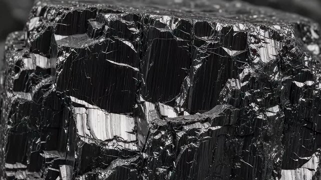 This captivating macro video presents a mesmerizing, detailed close-up of a dark, crystalline substance. The camera slowly glides across a textured surface, revealing countless facets and irregular, f