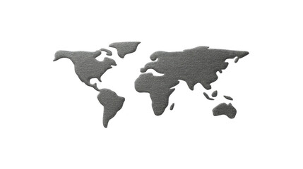 Metallic world map silhouette, textured silver continents on transparent background, minimalist global design, modern and elegant, suitable for travel, business, or educational themes