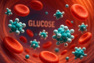 Molecules of glucose and red blood cells depicted within a bloodstream, highlighting the metabolic process essential for energy in the body.