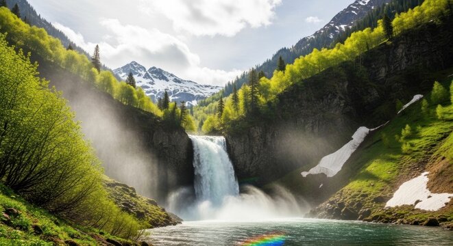 A stunning waterfall cascades down a lush green mountain, surrounded by snow-capped peaks and vibrant greenery. - Powered by Adobe