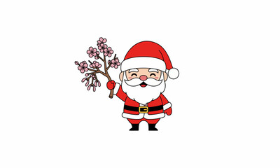 Cheerful Cartoon Santa Claus Holding Cherry Blossom Branch, Smiling with Joy.