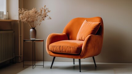 Comfortable orange aesthetic armchair in living room interior