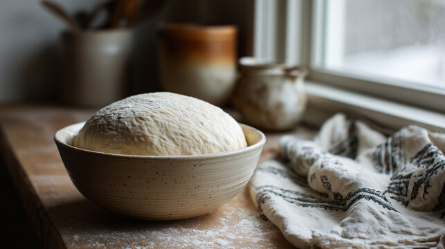Pizza dough rising softly in a ceramic bowl near a window, surrounded by cloth and warm natural light in a cozy kitchen.