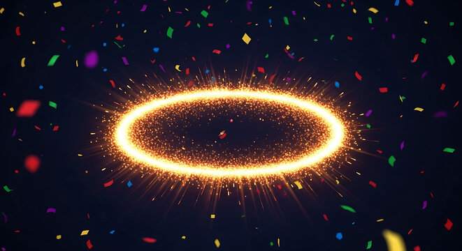 A spectacular, abstract visual of a glowing elliptical spark portal, contrasted dramatically against a dark setting with floating confetti