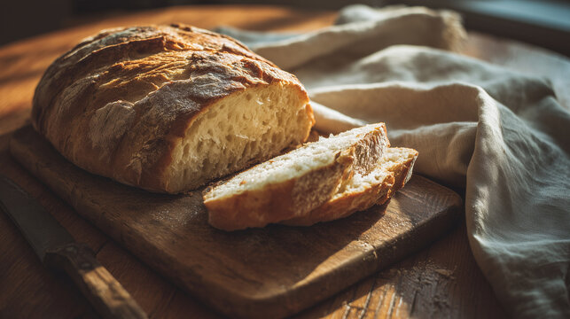Rustic loaf of bread sliced on a wooden board with soft crumb and crisp crust, surrounded by cloth in warm natural light.