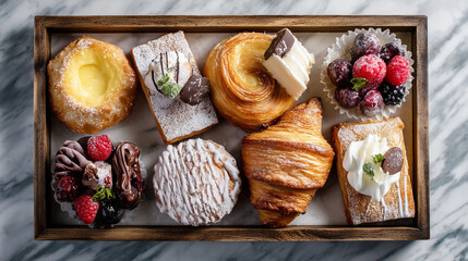 Assorted pastries arranged on a marble tray, including croissants, danishes, fruit tarts, éclairs, and powdered sweets in vibrant detail.