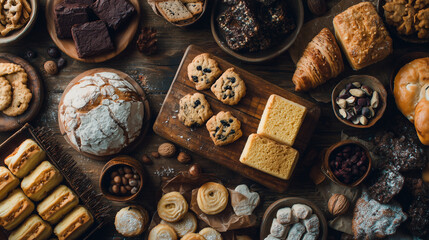 A wide assortment of cookies, pastries, biscuits, and baked goods laid out on a wooden table, creating a warm rustic dessert spread.