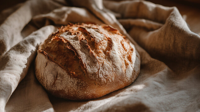 A golden sourdough loaf placed on a textured cloth, featuring a crackled crust and soft crumb illuminated by warm natural light. - Powered by Adobe