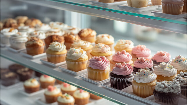 Assorted cupcakes arranged on bakery shelves with colorful frosting, sprinkles, and various flavors in a bright display case.