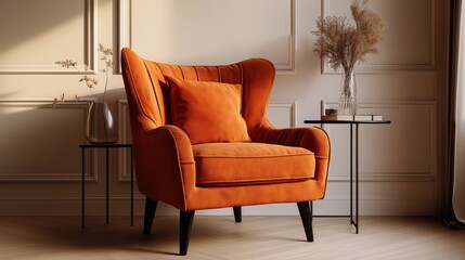 Comfortable orange aesthetic armchair in living room interior