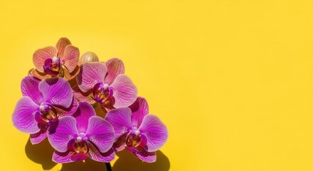 A vibrant pink orchid on a yellow background.