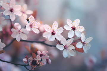 gentle spring flowers with a bee softly collecting nectar in pastel tones creating a natural calm mood