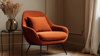 Comfortable orange aesthetic armchair in living room interior