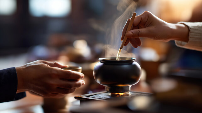 Chinese tea ceremony visualization faceless cultural tradition defocused ceremonial background traditional practice Asian tea ritual mindful preparation authentic hospitality