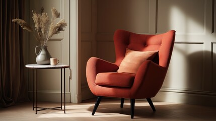 Comfortable orange aesthetic armchair in living room interior