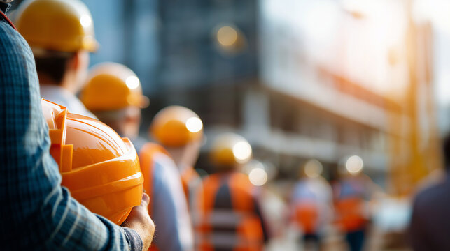 Faceless construction workers at groundbreaking ceremony site defocused building project background inaugural event construction launch development beginning ceremonial ground