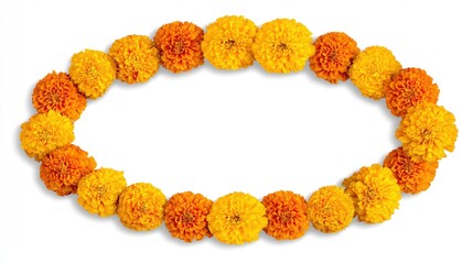 Yellow marigold flower garland in shape of circle on white background, png