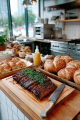 Steamed Montreal smoked meat served with fresh bread and mustard in a cozy deli kitchen