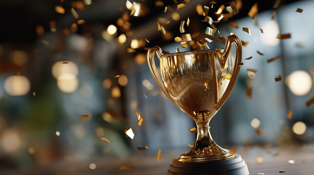 Close up golden trophy award with falling confetti faceless achievement symbol defocused celebration background 3D rendering style success visualization award ceremony victor