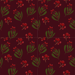 Seamless pattern. Christmas wallpaper with Eve flowers, plants on dark red background 
