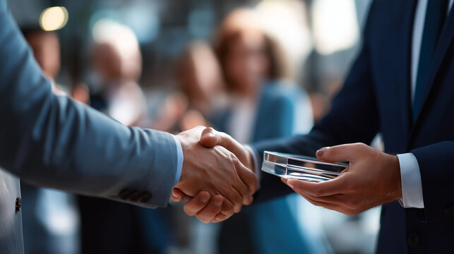 Faceless young business team receiving award prize defocused audience background best project competition entrepreneurship award ceremony unrecognizable people corporate