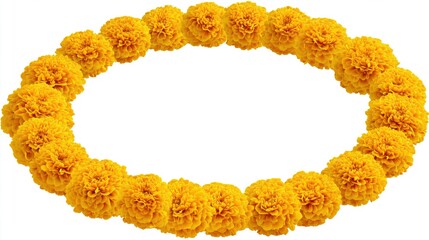 Yellow marigold flower garland in shape of circle on white background, png