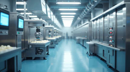 Modern yogurt production in dairy factory with automated food processing machines