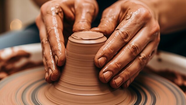 Hands shaping clay on a pottery wheel in a workshop.