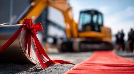 Construction ground breaking ceremony with red carpet faceless inaugural event defocused construction site background ceremonial beginning development launch official project