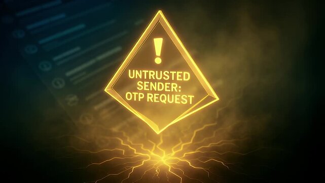 Untrusted sender OTP request warning sign glowing over smartphone screen alert with electric sparks and neon badge conveying phishing risk and cybersecurity concern urgent notification