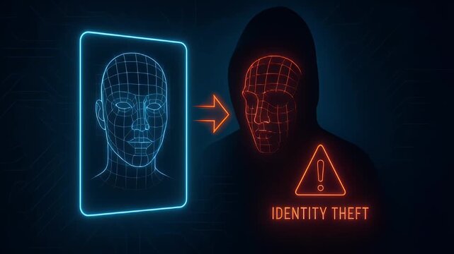 Neon biometric face scan transforming into masked figure with warning sign conveying identity theft risk and cybersecurity threat. Neon face scan transferring to hooded figure biometric data breach