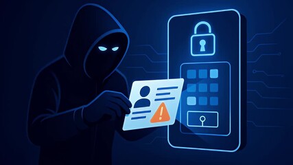 Hooded hacker silhouette holding stolen ID card near locked smartphone keypad warning icon. cybercrime warning and data breach threat, stolen identity card, lock and cybersecurity alert with warning - Powered by Adobe