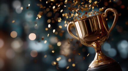 Close up golden trophy award with falling confetti faceless achievement symbol defocused celebration background 3D rendering style success visualization award ceremony victor