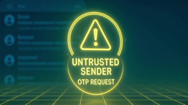 Untrusted sender warning icon glowing neon OTP request alert over blurred email and messaging interfaces conveying cybersecurity phishing risk and verification concern