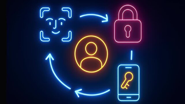 Neon face recognition icon neon padlock neon smartphone key neon user icon biometric authentication identity verification access control privacy security data protection mobile profile circle