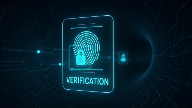Verification fingerprint security authentication biometric identity access digital interface neon glowing login screen hologram icon network lock padlock symbols conveying secure biometric - Powered by Adobe