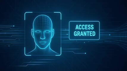 Neon biometric face scanner portrait access granted notification futuristic security interface glowing blue hologram digital face scanner access security interface biometric holographic face scanner - Powered by Adobe