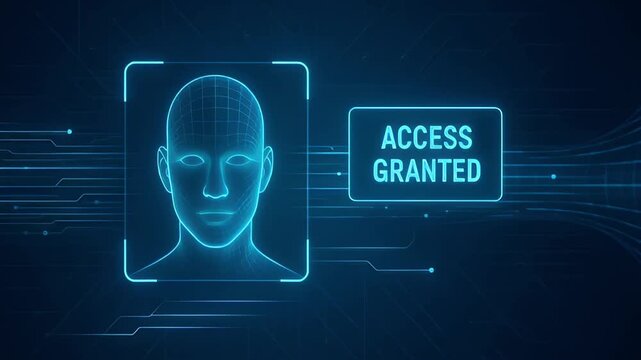 Neon biometric face scanner portrait access granted notification futuristic security interface glowing blue hologram digital face scanner access security interface biometric holographic face scanner