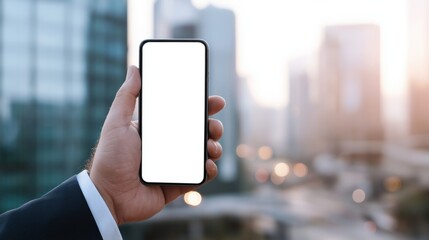 Businessman with suit hand holding phone with white screen on corporate buildings background, space for text