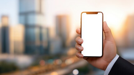 Businessman with suit hand holding phone with white screen on corporate buildings background, space for text