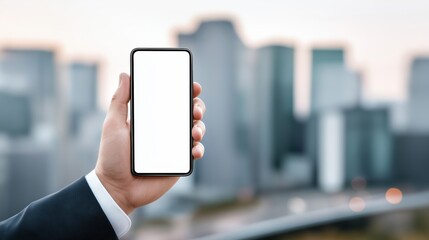 Businessman with suit hand holding phone with white screen on corporate buildings background, space for text