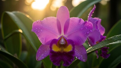Radiant Purple Orchid Bloom Bathed in Golden Sunlight.