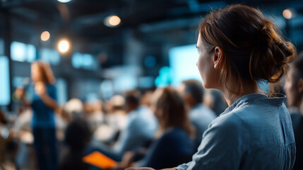 Fototapeta premium Faceless audience member watching person giving speech on stage defocused large venue background conference setting presentation viewing seminar attendance event participation