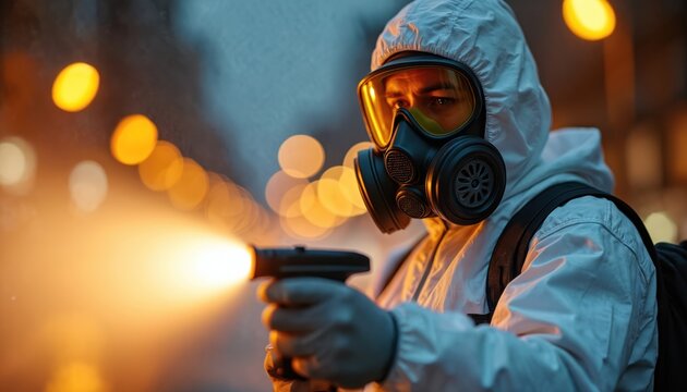 Pest control worker sprays poison in protective suit and gas mask. Professional exterminator fights insects and vermin, protecting environment. Danger alert, safety measures.